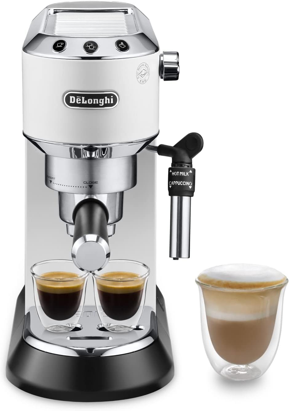De’Longhi Dedica EC685 en blanco, con dos espressos y un cappuccino