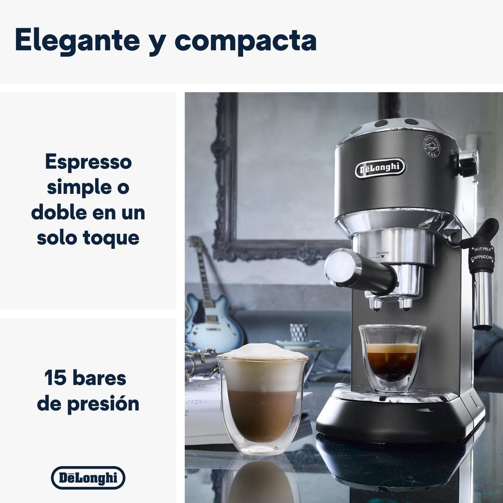 Infografía de DeLonghi: espresso simple o doble y 15 bares de presión