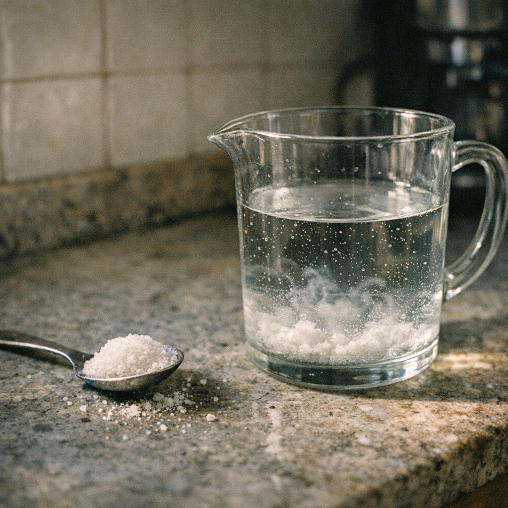 Ácido cítrico disolviéndose en agua templada en una jarra medidora para descalcificar la cafetera