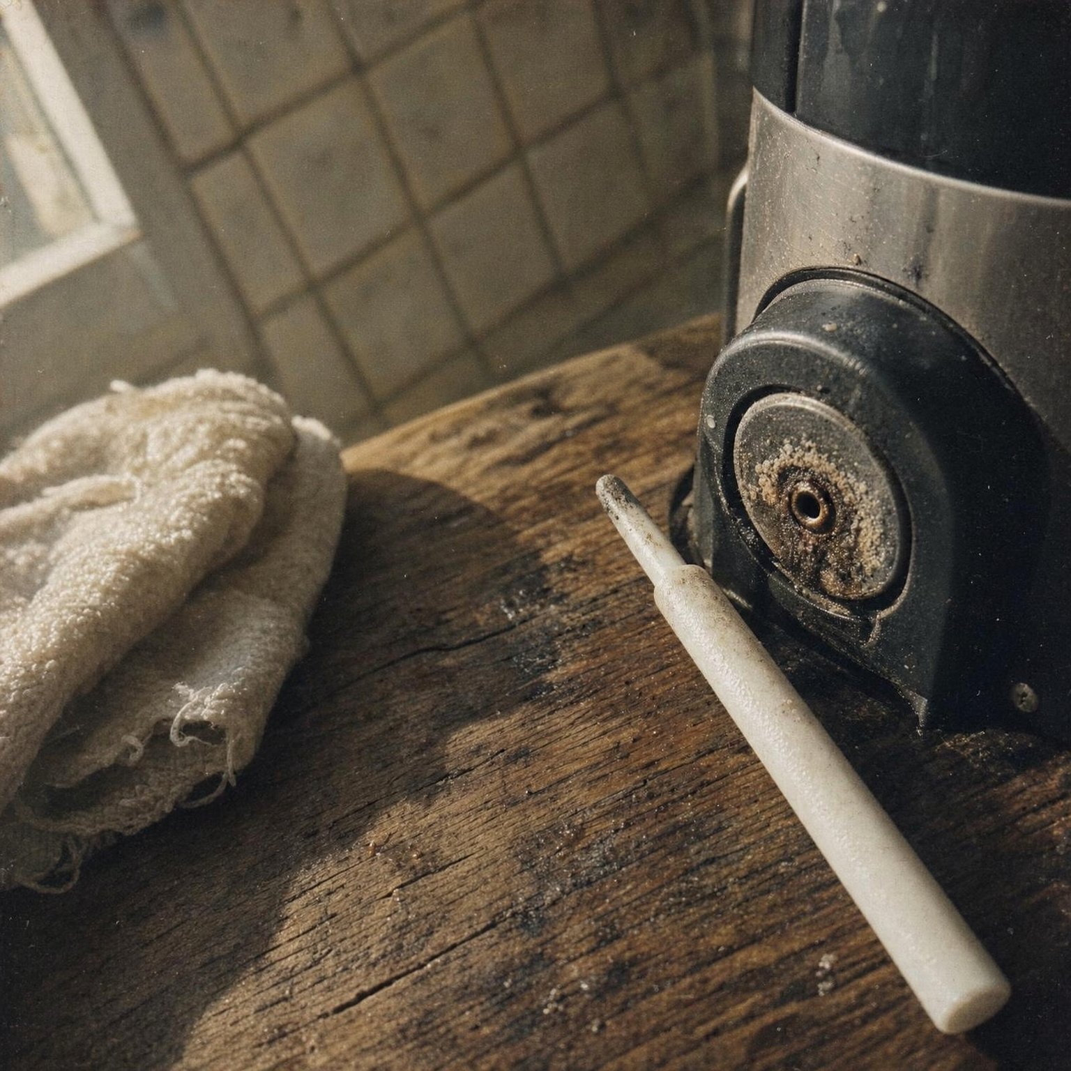Aguja de limpieza junto al inyector de una Dolce Gusto obstruido por cal y posos de café