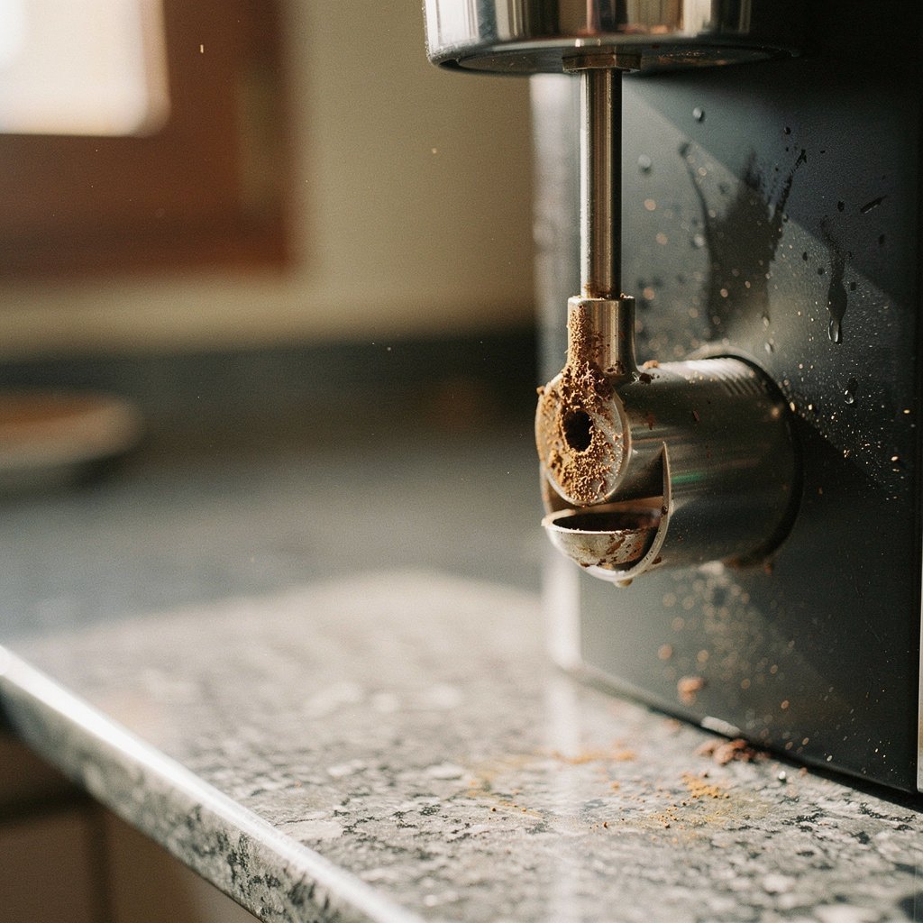 Aguja e inyector de una cafetera de capsulas obstruidos por cafe seco