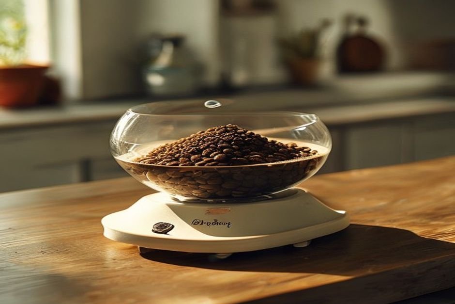 Báscula de cocina con un vaso de granos de café encima