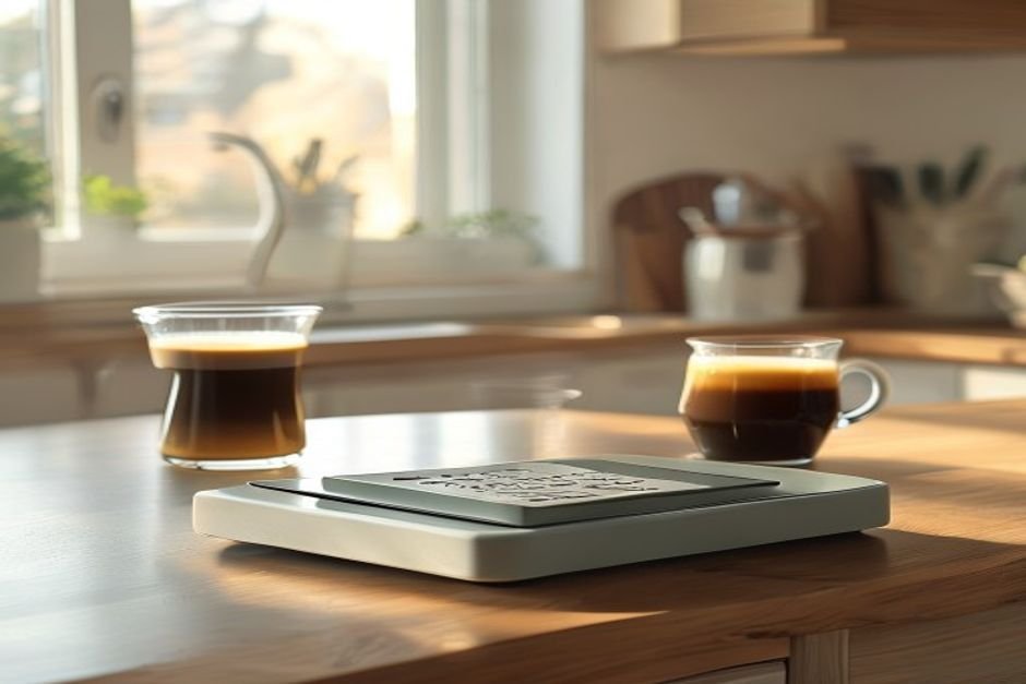 Báscula de cocina digital plana sobre una encimera, con tazas de café al lado