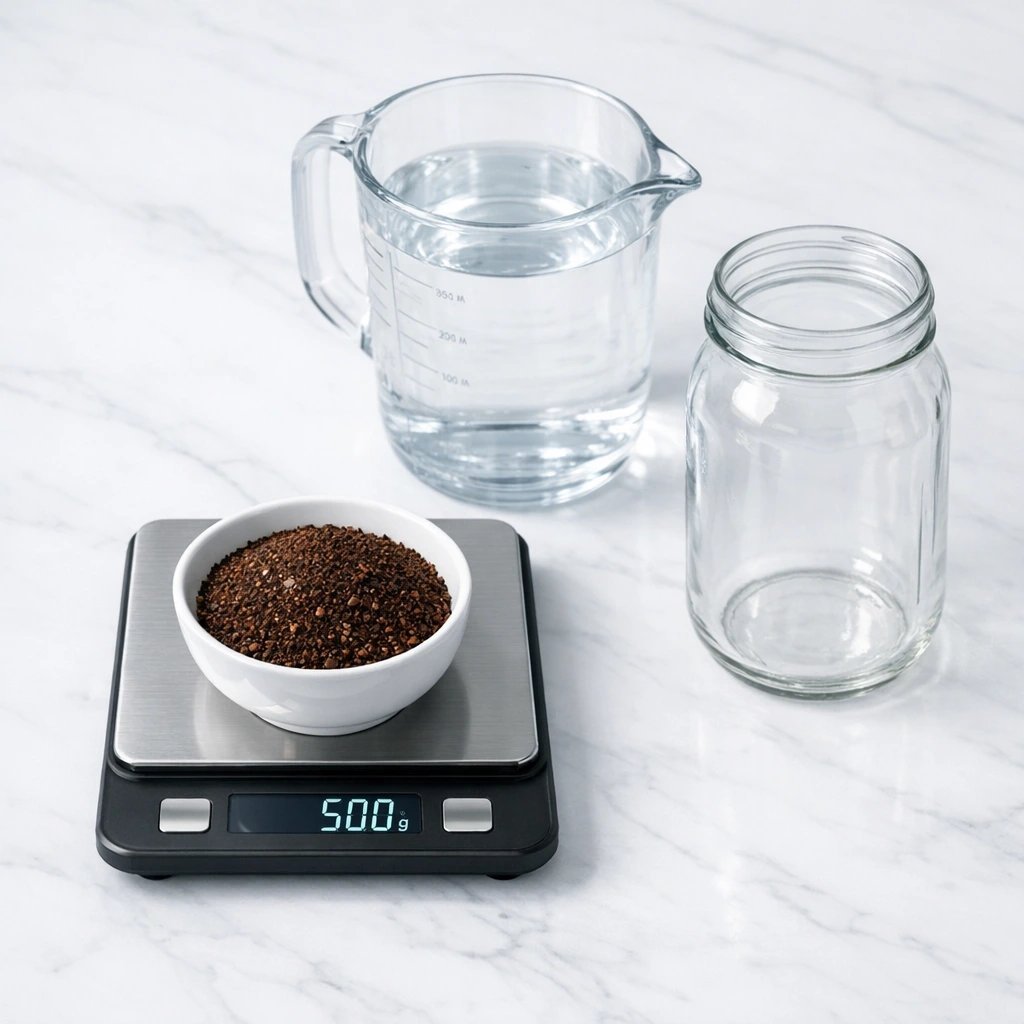 Báscula midiendo las proporciones de café molido y agua para el cold brew