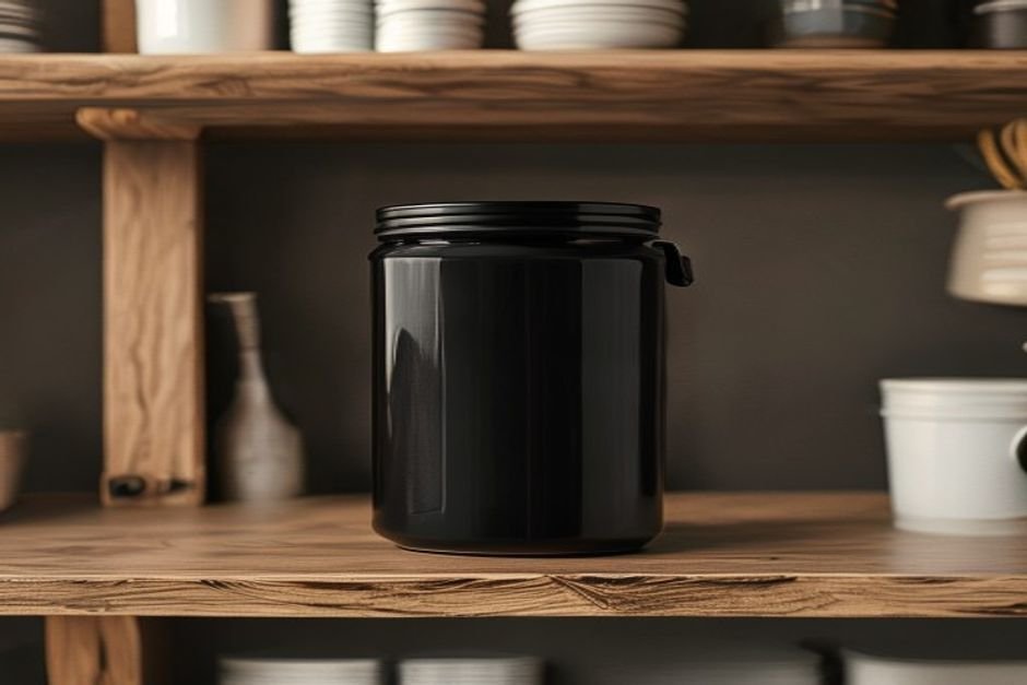 Bote hermético y opaco para café en una estantería de cocina