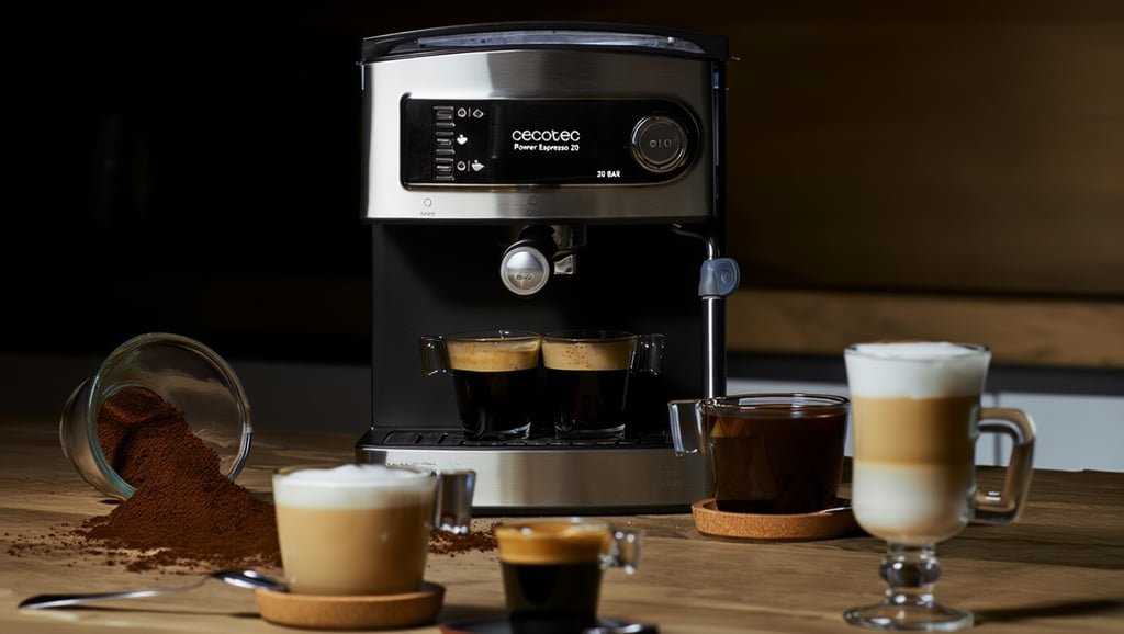 Cecotec Power Espresso 20 con varias bebidas preparadas alrededor