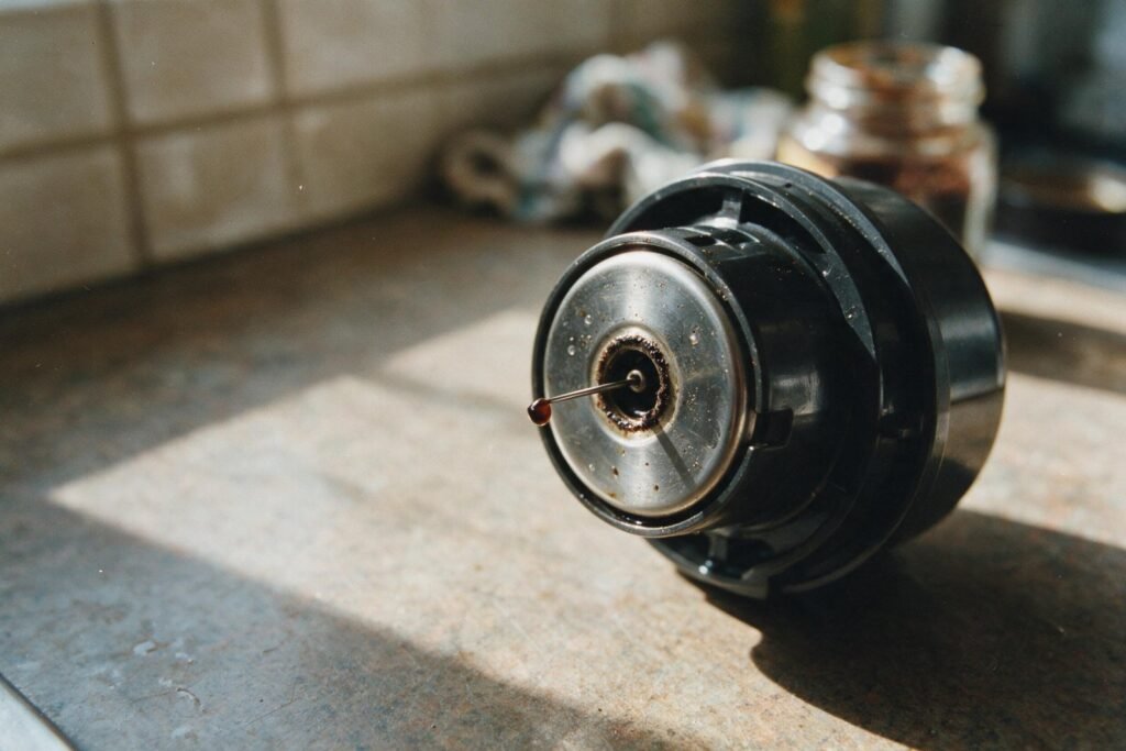 Cabezal de cafetera de cápsulas Dolce Gusto con la aguja del inyector y restos de café seco