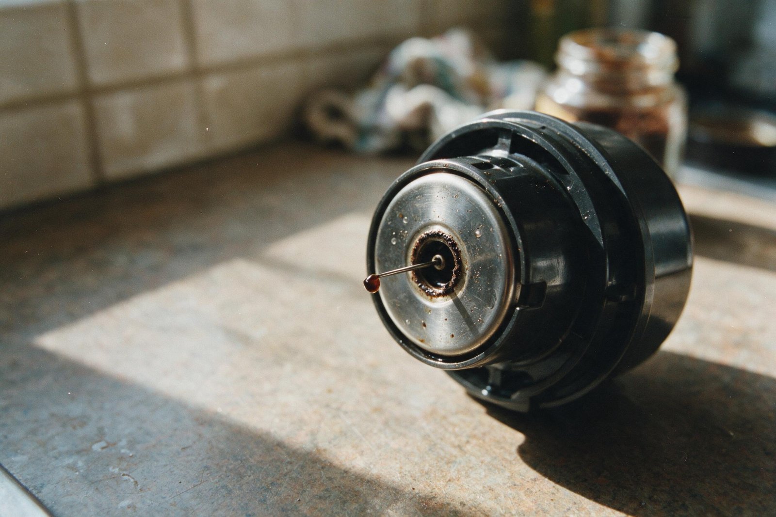 Cabezal de cafetera de cápsulas Dolce Gusto con la aguja del inyector y restos de café seco