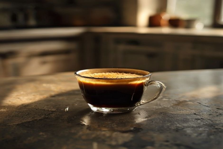 Taza de espresso oscuro y sobreextraído con crema quemada sobre una encimera
