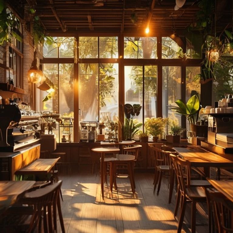 Interior de una cafetería de especialidad con luz cálida al atardecer, mesas de madera y plantas