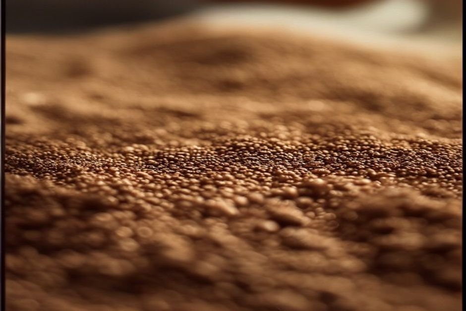 Café molido medio, con textura de arena, en primer plano