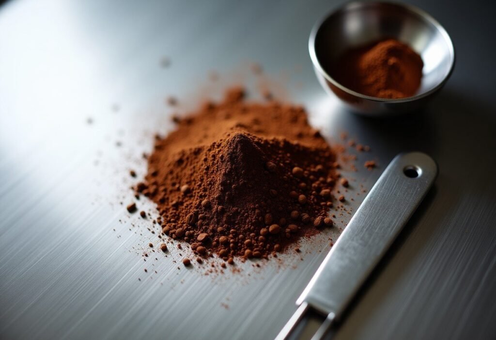 Café molido medio-fino, del punto que necesita una cafetera italiana, junto a una cuchara medidora