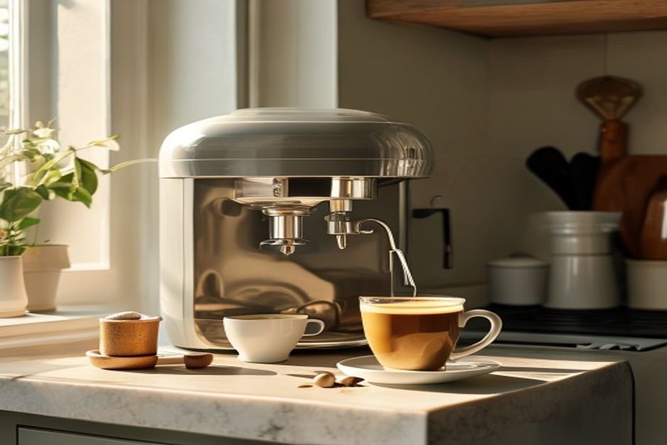 Cafetera de cápsulas con una taza de espresso y una cápsula usada al lado