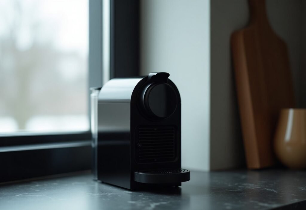 Cafetera de cápsulas sobre una encimera fría junto a la ventana en invierno