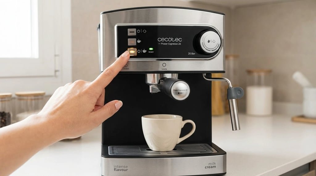Botón de encendido de la Cecotec Power Espresso 20 con el testigo ámbar encendido