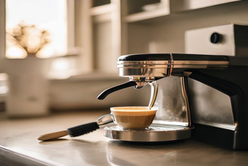 Cafetera espresso con un cepillo de limpieza al lado