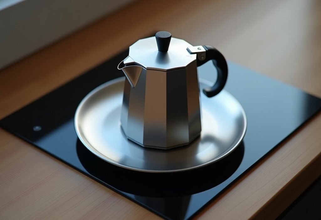 Cafetera italiana sobre un disco difusor en una placa de inducción