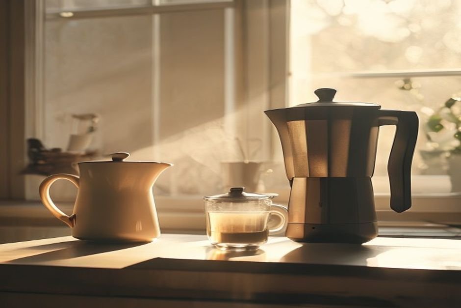 Cafetera moka italiana y una jarra sobre una encimera con luz de la mañana