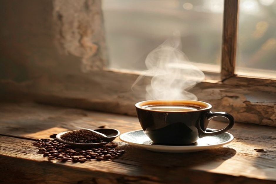 Taza de café recién hecho con café molido y granos sobre una mesa de madera
