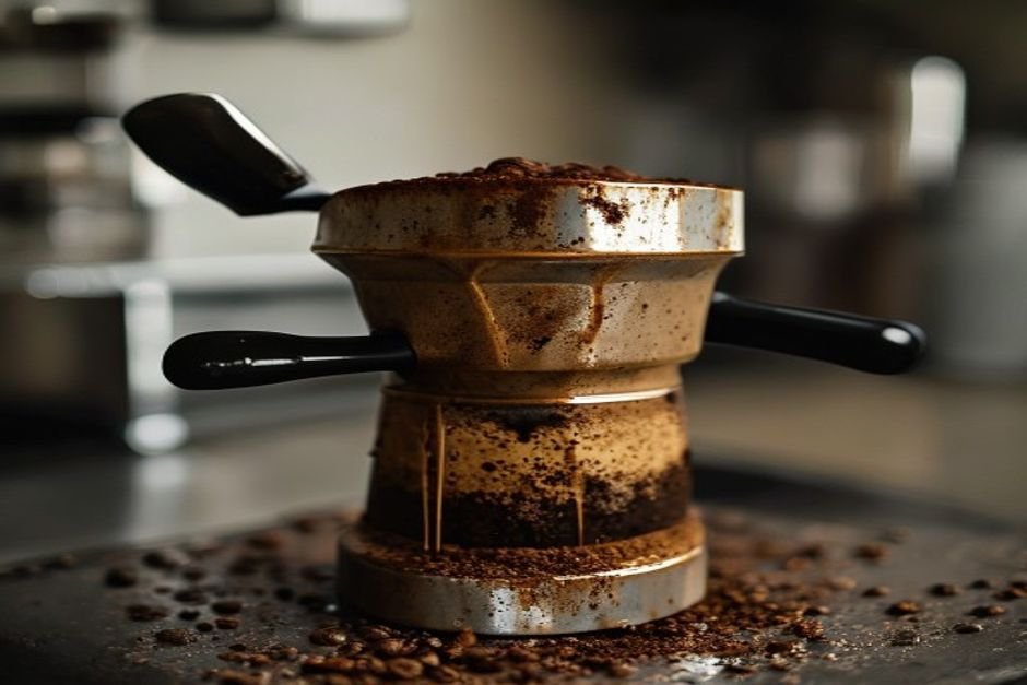 Cafetera sucia con posos de café viejos esparcidos