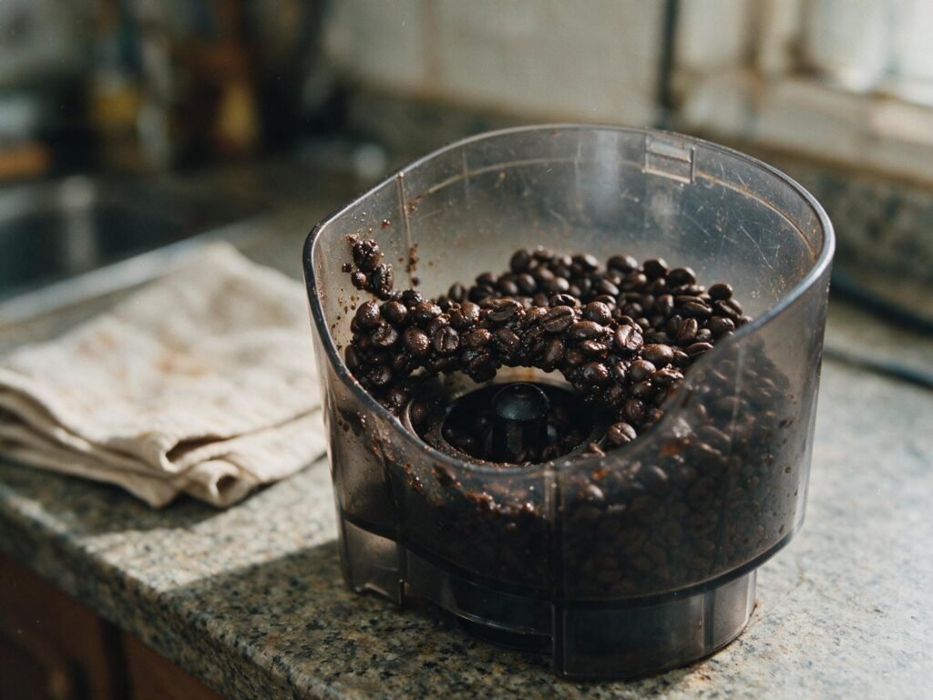 Causa 1: café húmedo apelmazado en la tolva de granos — DeLonghi Magnifica S no muele o derrama el café por dentro