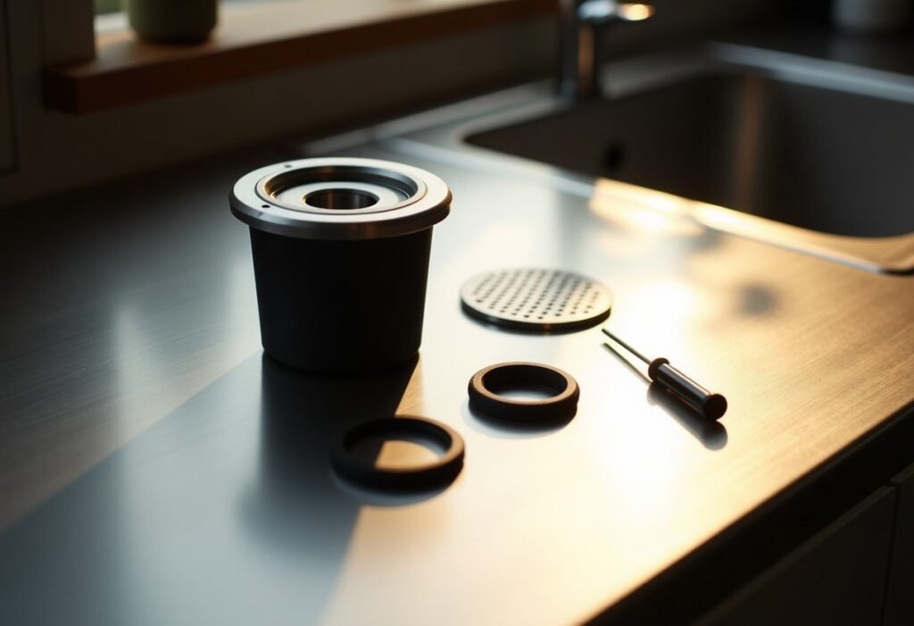 Filtro de ducha, juntas y destornillador listos para reparar una Cecotec Power Espresso 20