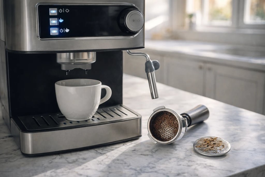 Cafetera espresso que bombea pero no saca café: taza vacía y portafiltro con café molido