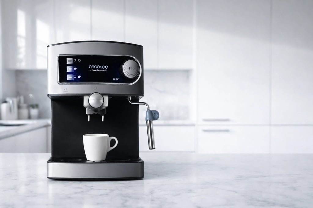 Cecotec Power Espresso 20 sobre encimera junto a taza de café: guía de causas y soluciones cuando no sale café