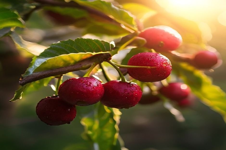 Cerezas de café maduras en la rama iluminadas por el sol del atardecer