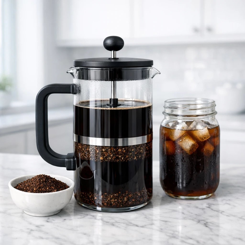 Cold brew casero preparado en prensa francesa junto a un tarro de cristal