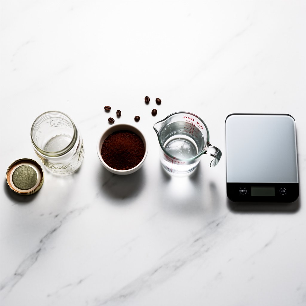 Todo lo necesario para el cold brew: tarro, café molido, agua medida y báscula