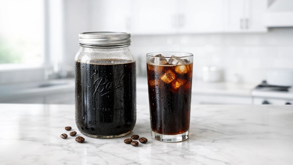 Cold brew casero ya preparado servido en un vaso con hielo junto al tarro
