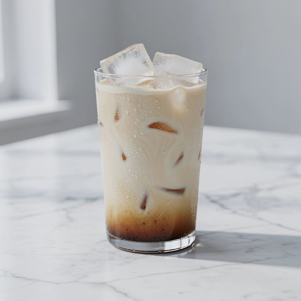 Cold brew con leche de avena servido en vaso de cristal con hielo