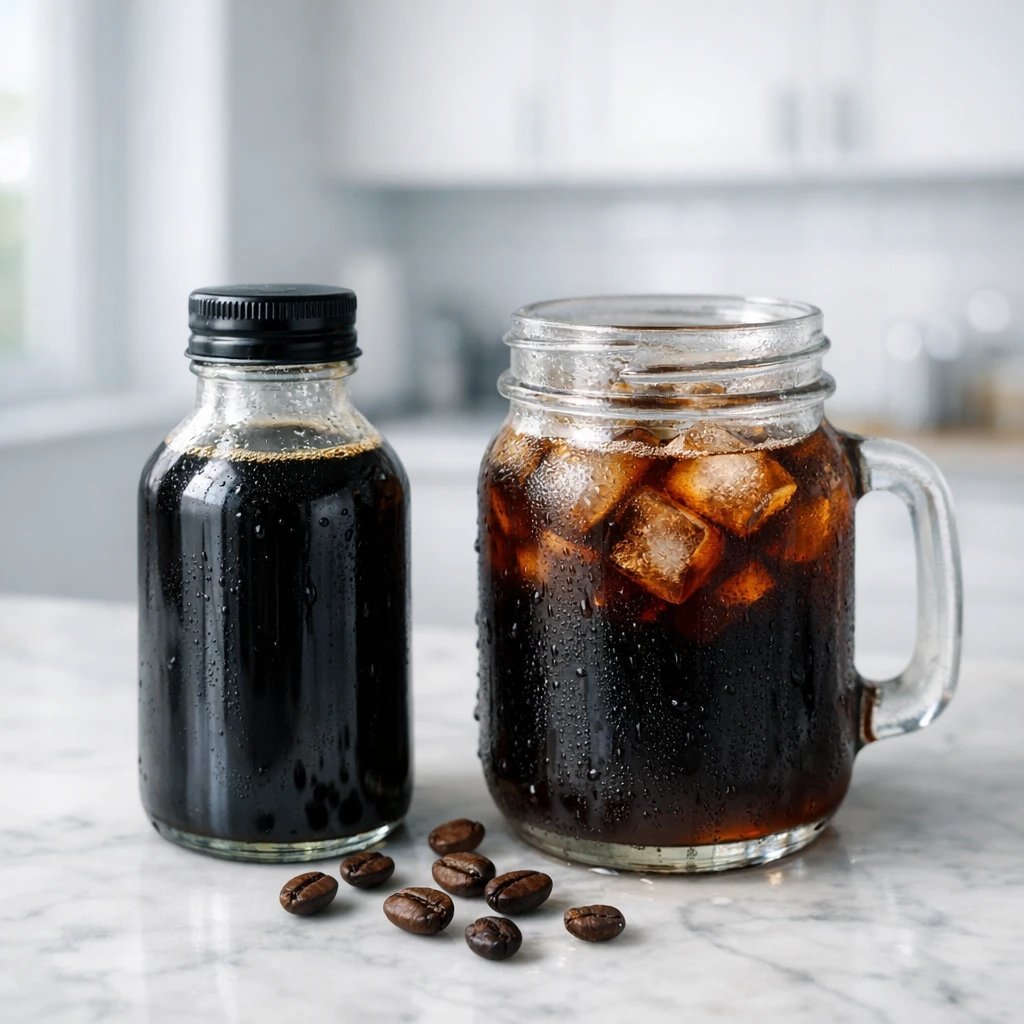 Concentrado de cold brew en botella junto a un tarro con hielo