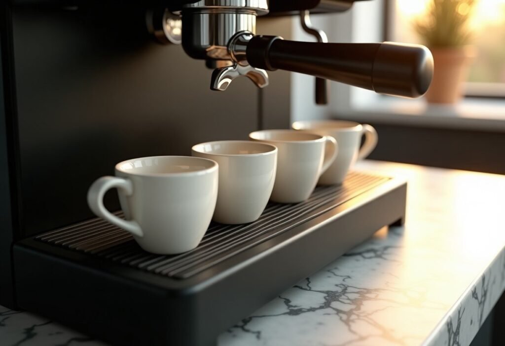 Cuatro tazas de espresso esperando sobre la bandeja de una cafetera antes de servir el café