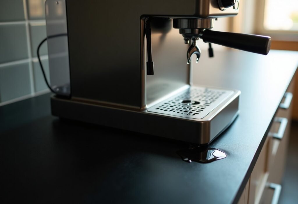 Charco de agua bajo una cafetera espresso estrecha que pierde agua