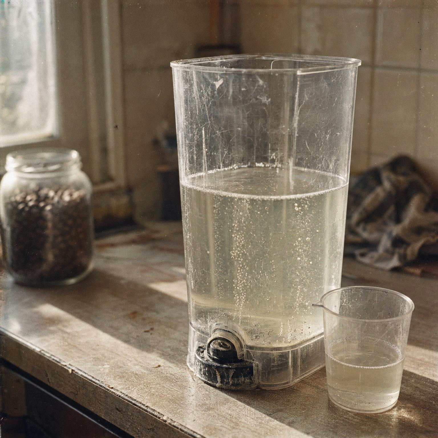Depósito de agua de una cafetera de cápsulas con solución descalcificante y vaso medidor