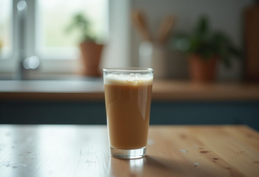 Vaso alto de café con leche servido y ya templado sobre la encimera