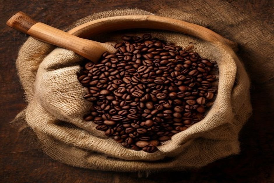 Saco de arpillera lleno de granos de café tostados con una cuchara de madera