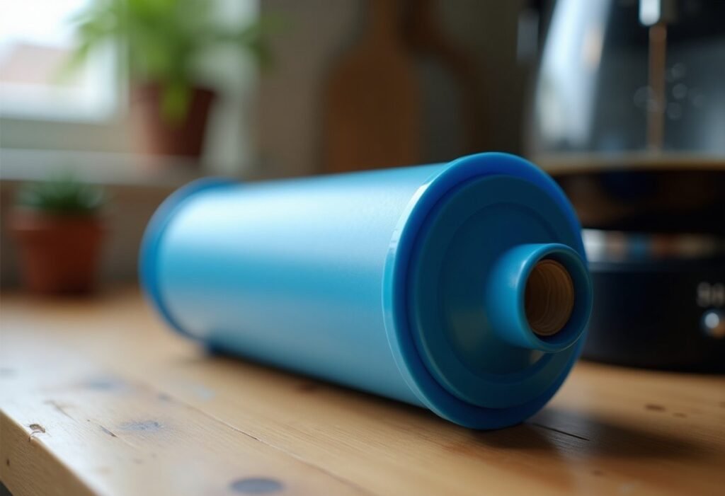 Filtro ablandador azul fuera del deposito antes de descalcificar