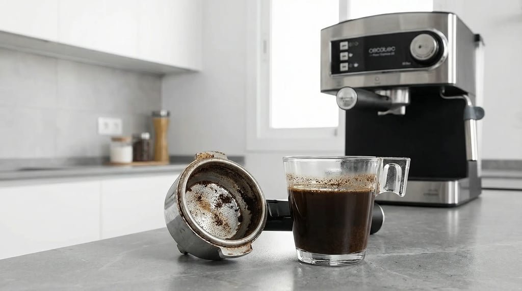 Cestillo del portafiltros incrustado de posos y aceites, junto a un café con sedimento, señal de que el filtro está tapado
