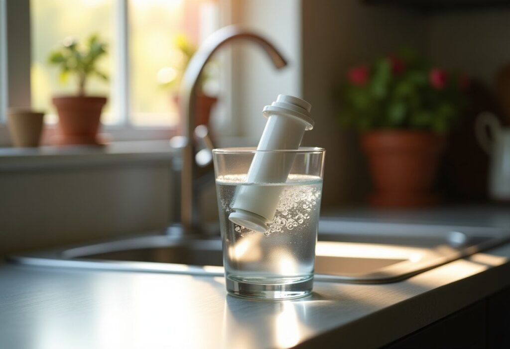 Filtro de agua sumergido boca abajo en un vaso soltando burbujas de aire