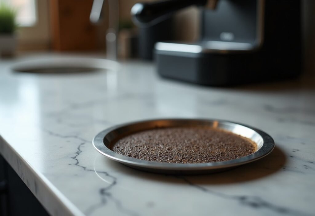 Filtro de ducha del grupo desenroscado y cubierto de residuos de café secos