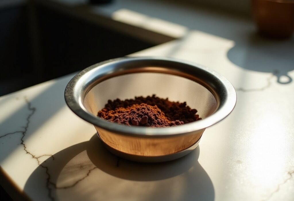 Filtro del portafiltro con posos de café secos taponando la malla