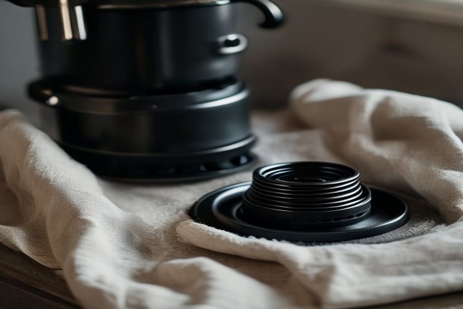 Goma y filtro metálico de una cafetera italiana sobre un paño