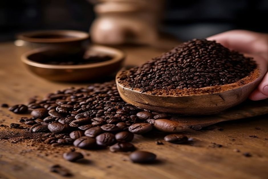 Granos de café enteros y café molido, uno al lado del otro