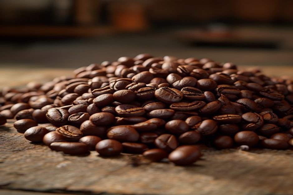 Granos de café recién tostado en primer plano sobre madera