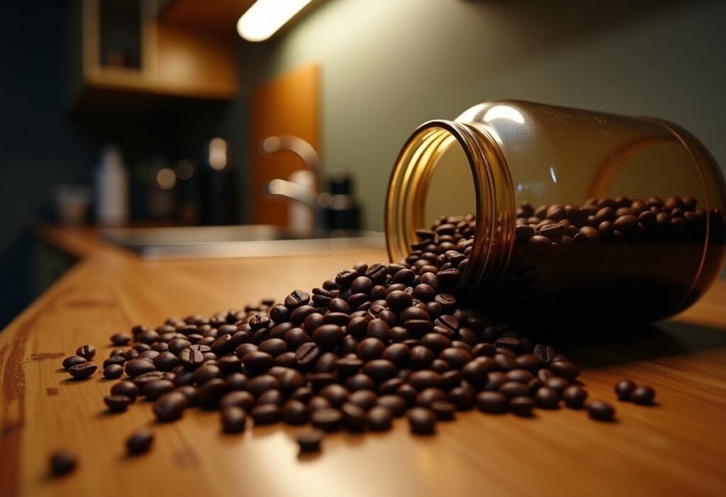 Granos de cafe recien tostados saliendo de un bote hermetico