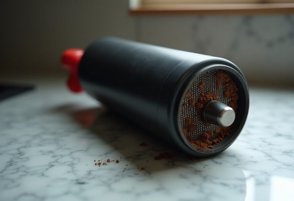 Grupo de infusión de una cafetera superautomática con posos de café pegados a la malla