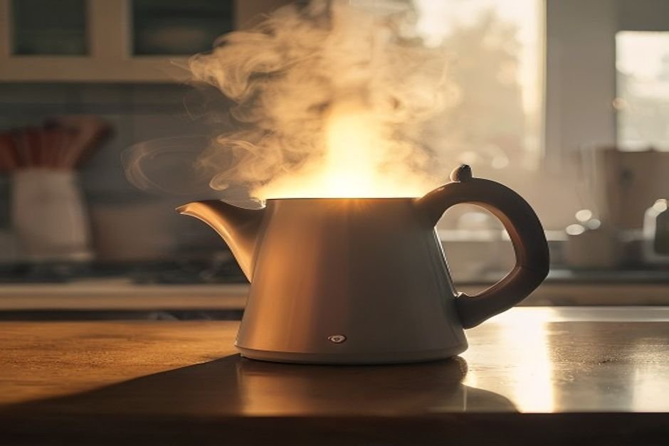Hervidor eléctrico con vapor saliendo por la boquilla sobre la encimera